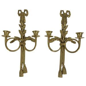 PAIR Ornate Bow Ribbon/Tassel Horn Vintage Brass Wall Sconce Candle Stick Holder